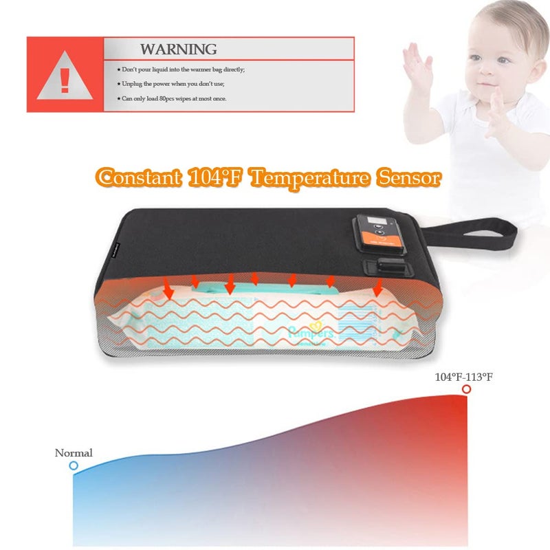 DURASIKO Portable USB Car Wipes Heater Warmer with Digital Display Screen,5V/10W Baby Wipes Thermostat Heating Bag,Heating Temperature Adjustable,Up to 80Pcs Wipes Capacity,for Car/Home/Travel/Camping - Image 3